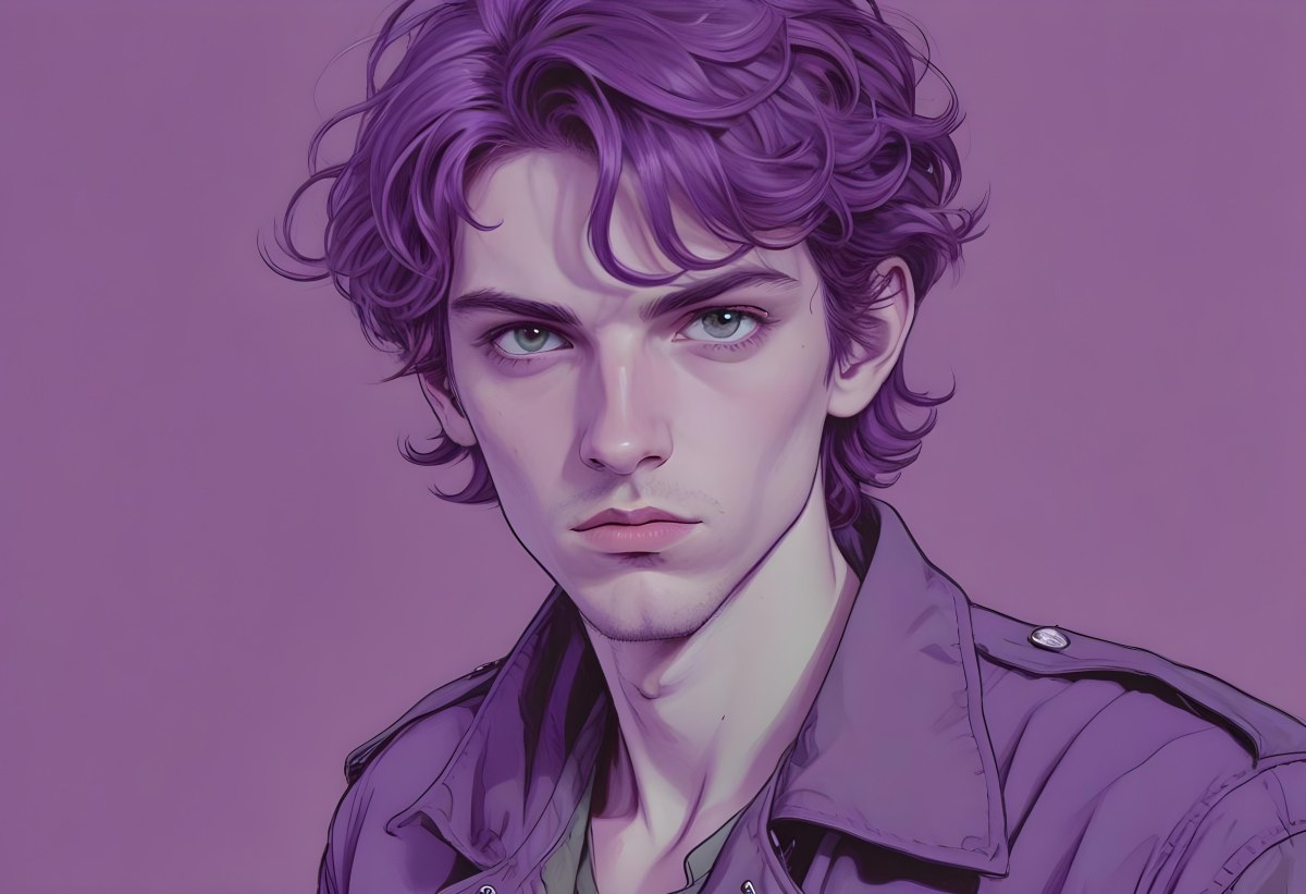 Adorable Cartoon Style A Young Caucasian Man With Wavy Purple Hair Intense Green Eyes And A Serious Expression Wearing A Military Style Jacket 3d Render Cartoon 6 E204