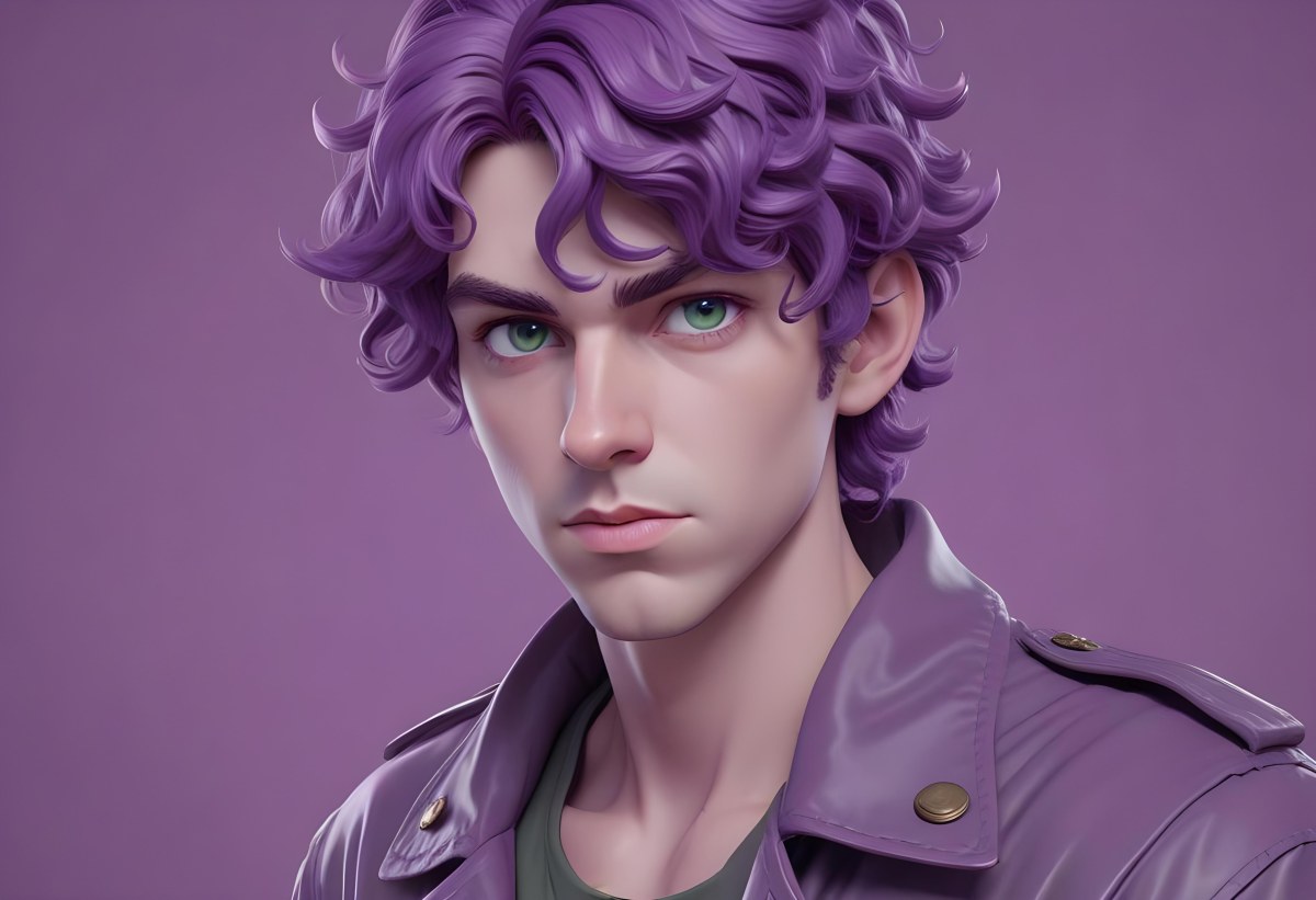 Adorable Cartoon Style A Young Caucasian Man With Wavy Purple Hair Intense Green Eyes And A Serious Expression Wearing A Military Style Jacket 3d Render Cartoon 60 Ac0e