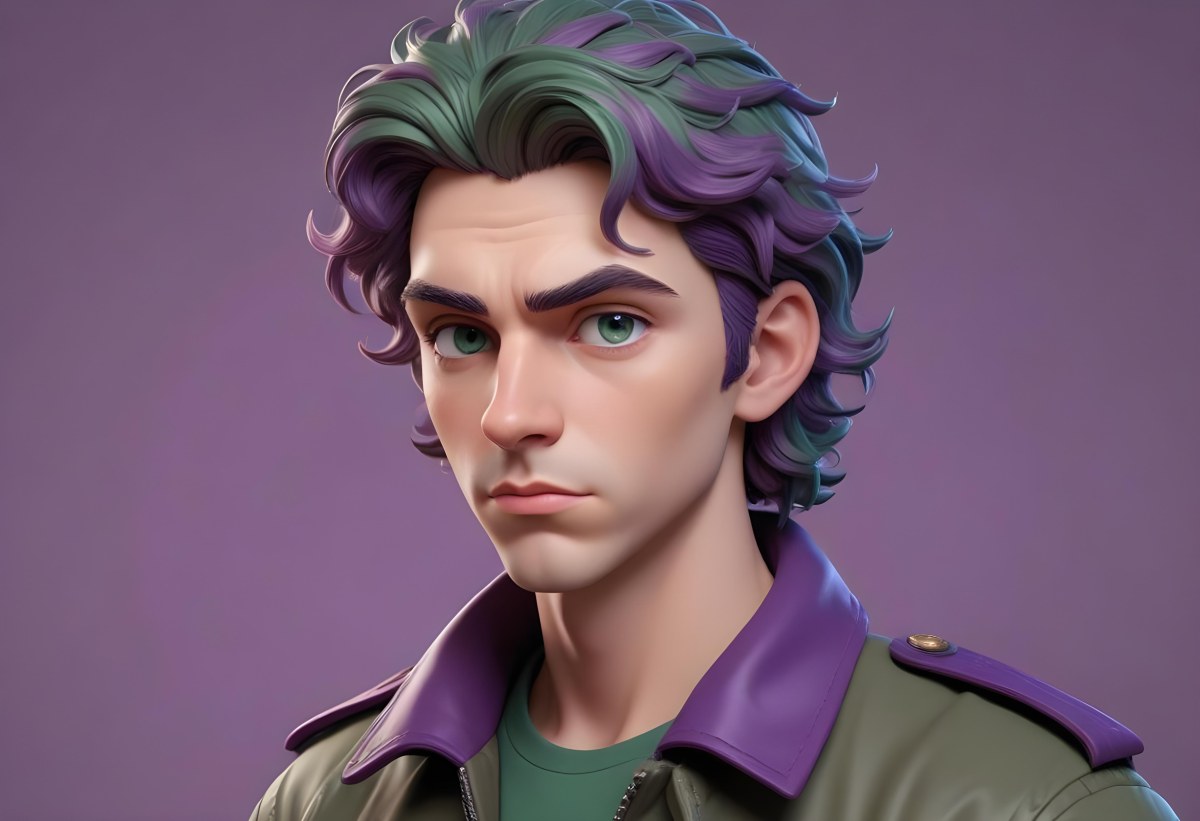 Adorable Cartoon Style A Young Caucasian Man With Wavy Purple Hair Intense Green Eyes And A Serious Expression Wearing A Military Style Jacket 3d Render Cartoon 61 8b74