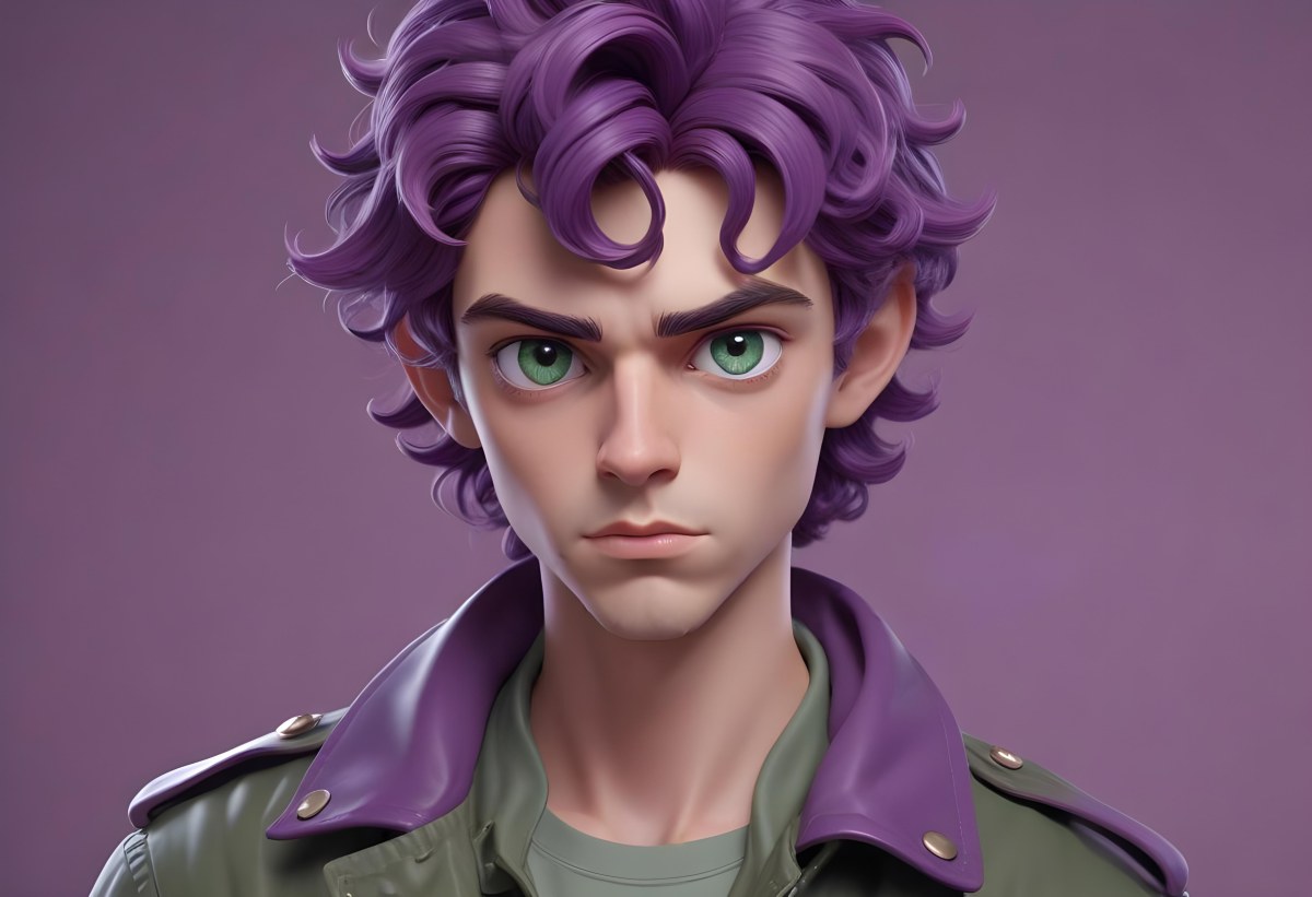 Adorable Cartoon Style A Young Caucasian Man With Wavy Purple Hair Intense Green Eyes And A Serious Expression Wearing A Military Style Jacket 3d Render Cartoon 62 Fc95