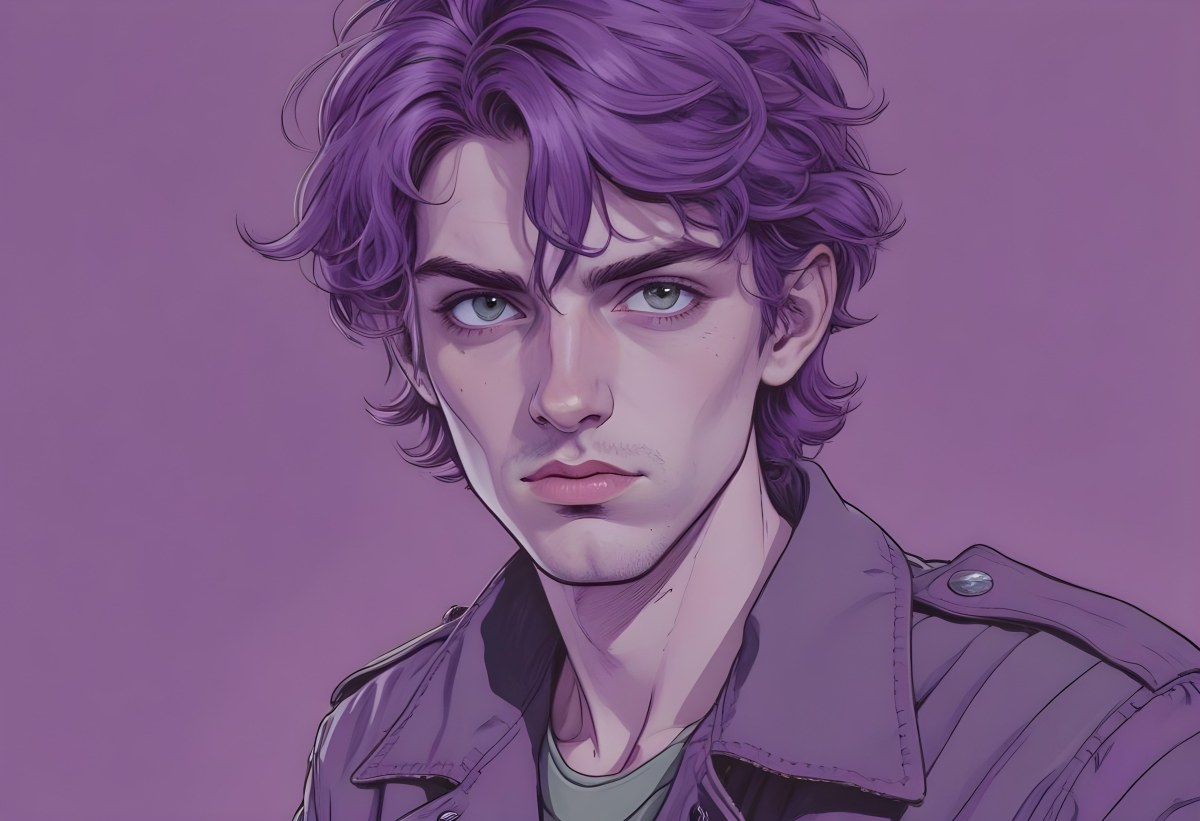 Adorable Cartoon Style A Young Caucasian Man With Wavy Purple Hair Intense Green Eyes And A Serious Expression Wearing A Military Style Jacket 3d Render Cartoon 7 3bf3
