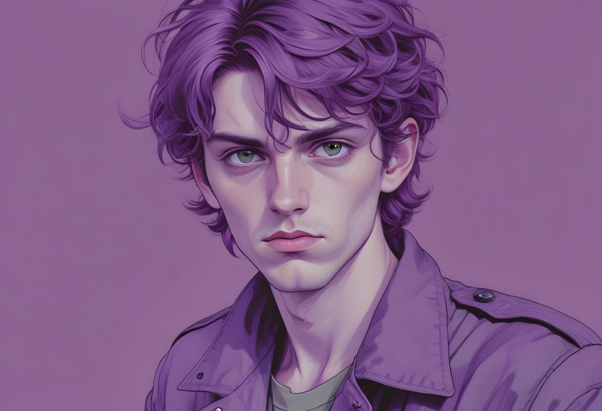 Adorable Cartoon Style A Young Caucasian Man With Wavy Purple Hair Intense Green Eyes And A Serious Expression Wearing A Military Style Jacket 3d Render Cartoon 9 B386