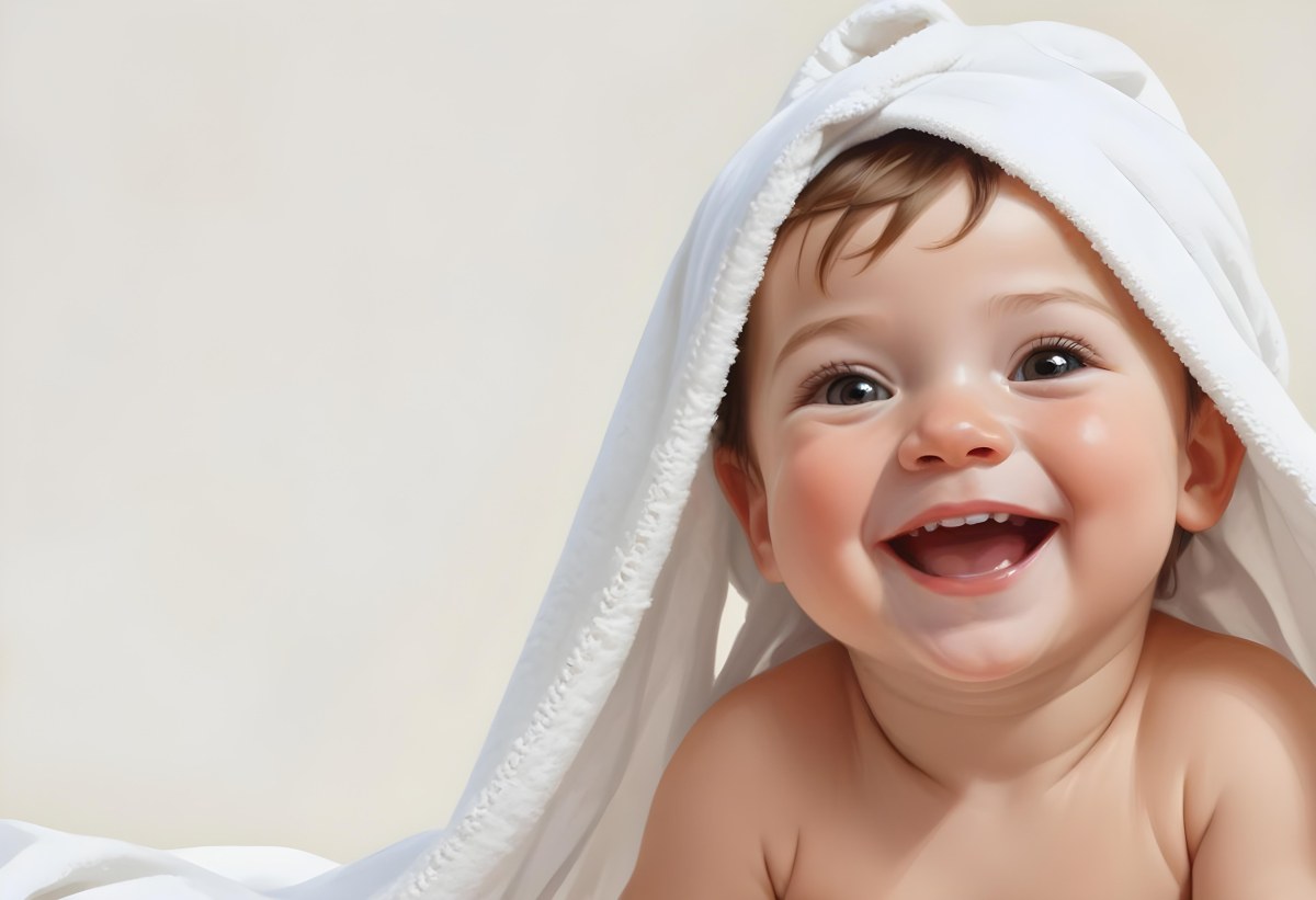 Adorable Cartoon Style Baby With Light Skin And Brown Hair Smiling Widely While Wrapped In A White Towel The Background Is Plain And Light Colored 3d Render Cartoon 34 1b5d