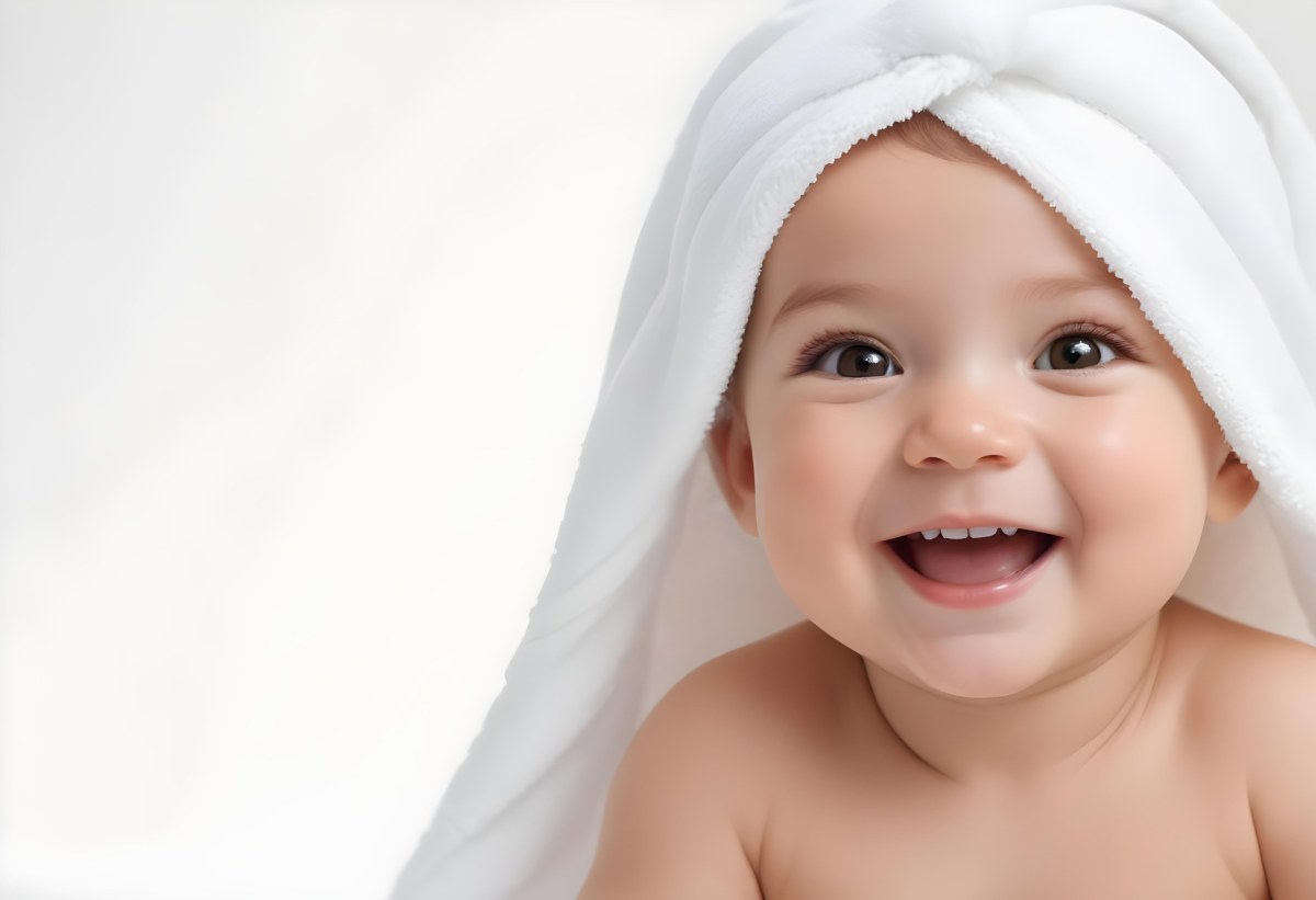 Adorable Cartoon Style Baby With Light Skin And Brown Hair Smiling Widely While Wrapped In A White Towel The Background Is Plain And Light Colored 3d Render Cartoon 41 Effc