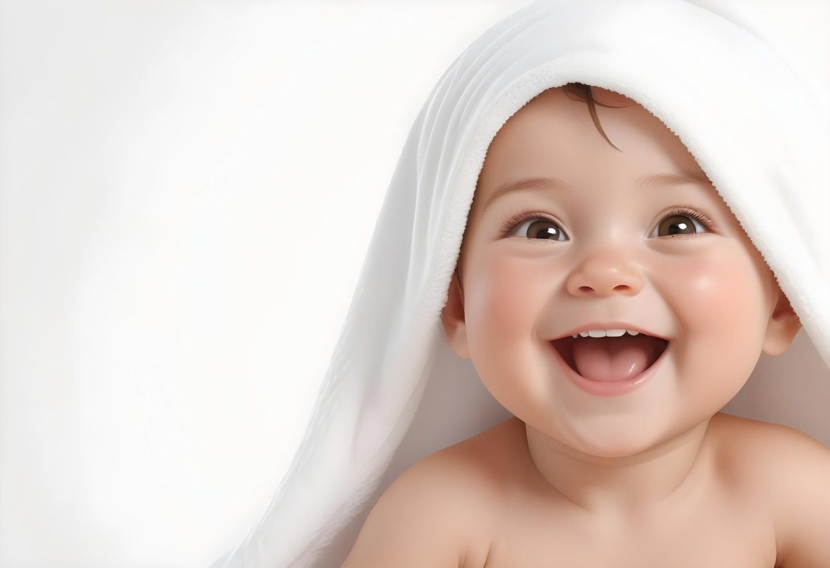 Adorable Cartoon Style Baby With Light Skin And Brown Hair Smiling Widely While Wrapped In A White Towel The Background Is Plain And Light Colored 3d Render Cartoon 46 0893