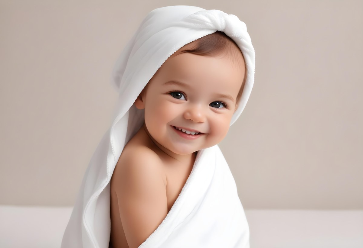 Adorable Cartoon Style Baby With Light Skin And Brown Hair Smiling Widely While Wrapped In A White Towel The Background Is Plain And Light Colored 3d Render Cartoon 47 3134