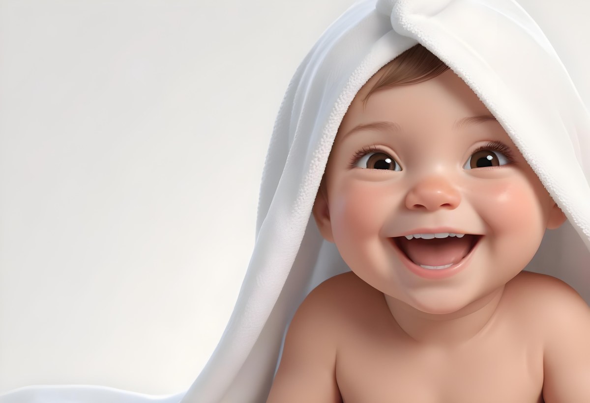 Adorable Cartoon Style Baby With Light Skin And Brown Hair Smiling Widely While Wrapped In A White Towel The Background Is Plain And Light Colored 3d Render Cartoon 48 Ee24