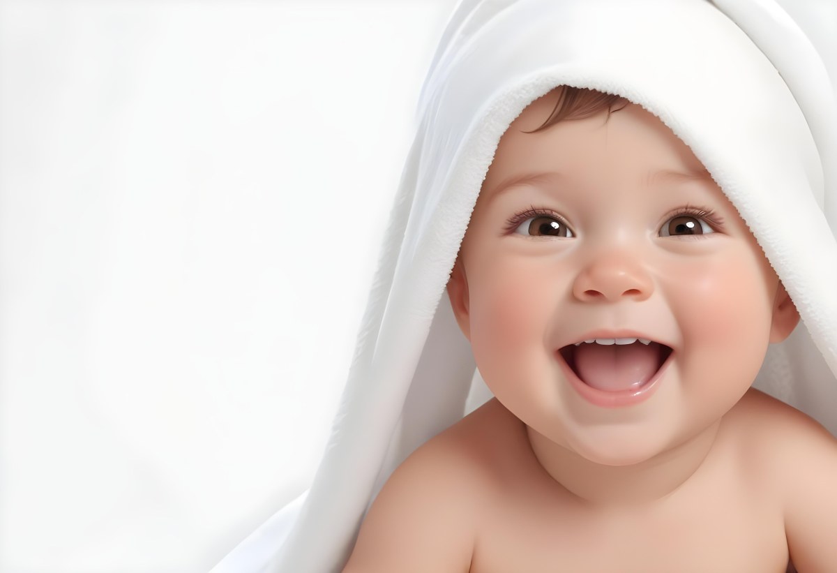 Adorable Cartoon Style Baby With Light Skin And Brown Hair Smiling Widely While Wrapped In A White Towel The Background Is Plain And Light Colored 3d Render Cartoon 54 Ac9e