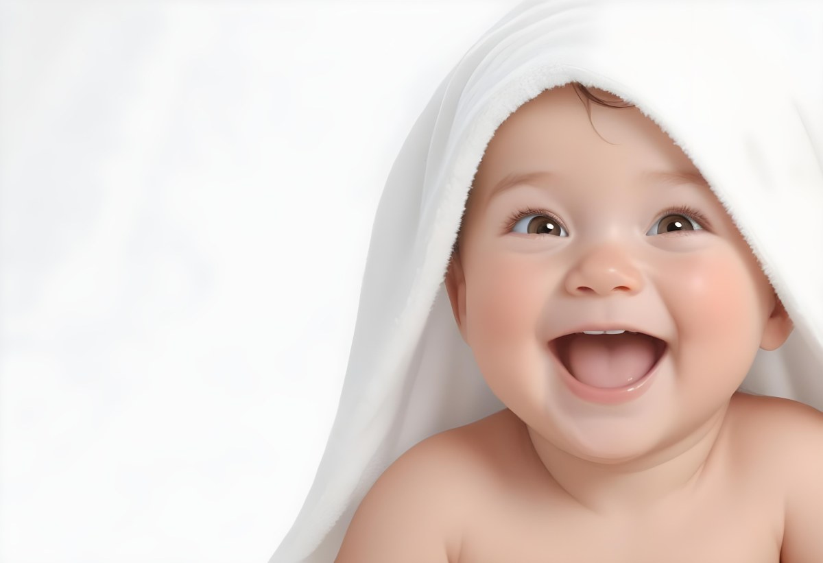 Adorable Cartoon Style Baby With Light Skin And Brown Hair Smiling Widely While Wrapped In A White Towel The Background Is Plain And Light Colored 3d Render Cartoon 56 A1cf