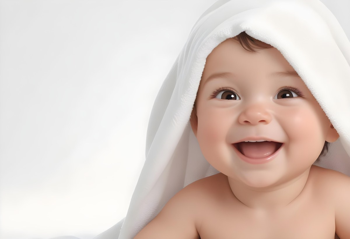 Adorable Cartoon Style Baby With Light Skin And Brown Hair Smiling Widely While Wrapped In A White Towel The Background Is Plain And Light Colored 3d Render Cartoon 59 2097