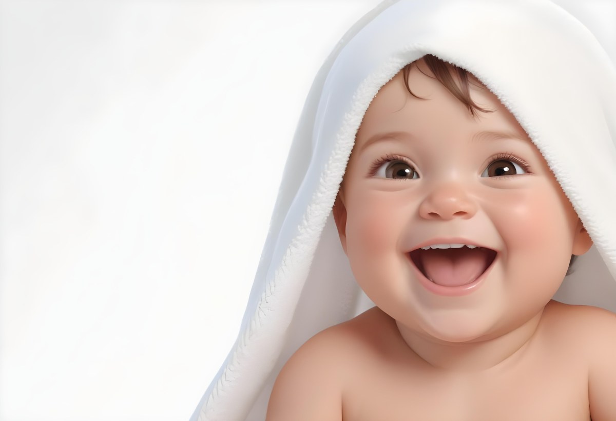 Adorable Cartoon Style Baby With Light Skin And Brown Hair Smiling Widely While Wrapped In A White Towel The Background Is Plain And Light Colored 3d Render Cartoon 67 50d9