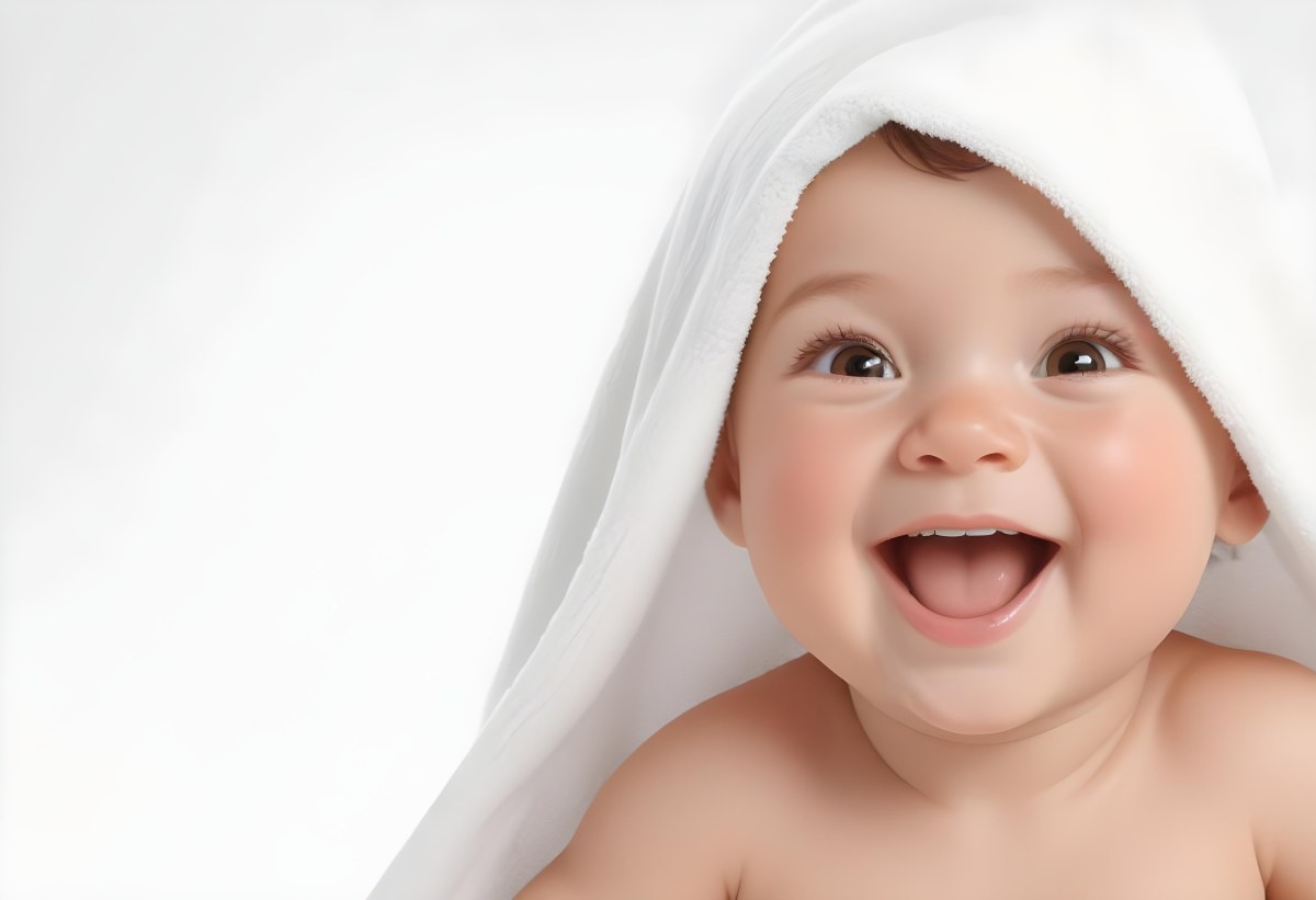 Adorable Cartoon Style Baby With Light Skin And Brown Hair Smiling Widely While Wrapped In A White Towel The Background Is Plain And Light Colored 3d Render Cartoon 77 7b35