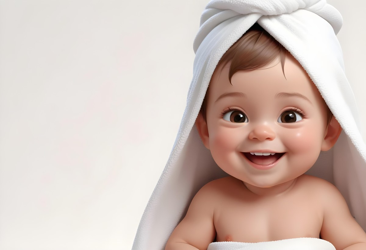 Adorable Cartoon Style Baby With Light Skin And Brown Hair Smiling Widely While Wrapped In A White Towel The Background Is Plain And Light Colored 3d Render Cartoon 78 Fc0a