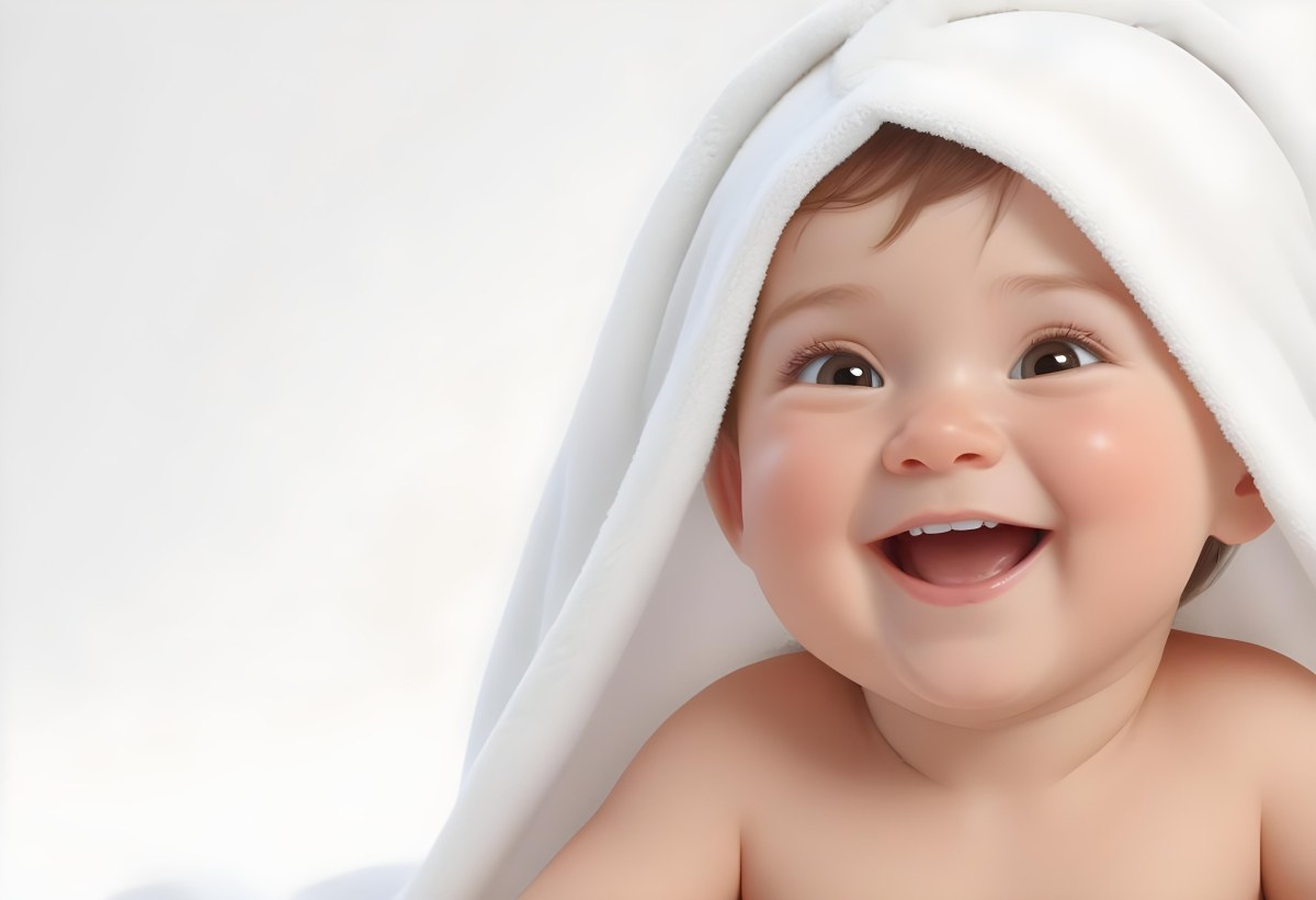 Adorable Cartoon Style Baby With Light Skin And Brown Hair Smiling Widely While Wrapped In A White Towel The Background Is Plain And Light Colored 3d Render Cartoon 79 84ec