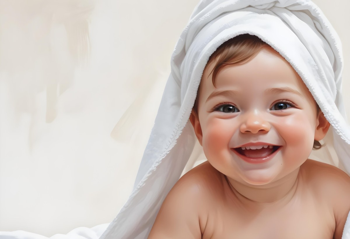 Adorable Cartoon Style Baby With Light Skin And Brown Hair Smiling Widely While Wrapped In A White Towel The Background Is Plain And Light Colored 3d Render Cartoon 8 5359