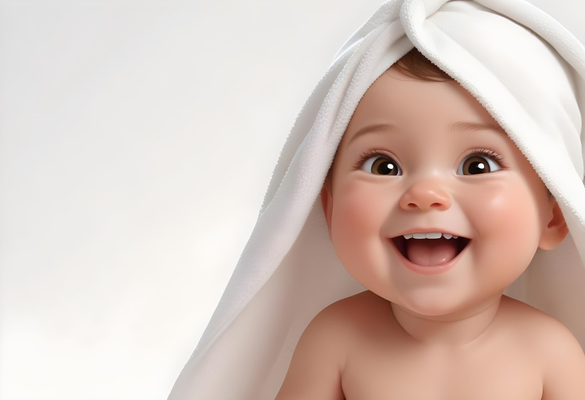 Adorable Cartoon Style Baby With Light Skin And Brown Hair Smiling Widely While Wrapped In A White Towel The Background Is Plain And Light Colored 3d Render Cartoon 80 4245
