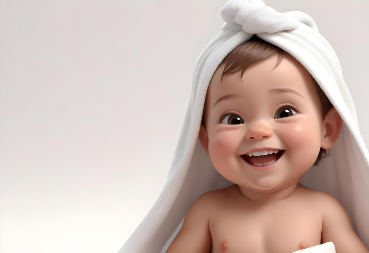 Adorable Cartoon Style Baby With Light Skin And Brown Hair Smiling Widely While Wrapped In A White Towel The Background Is Plain And Light Colored 3d Render Cartoon 81 08ca