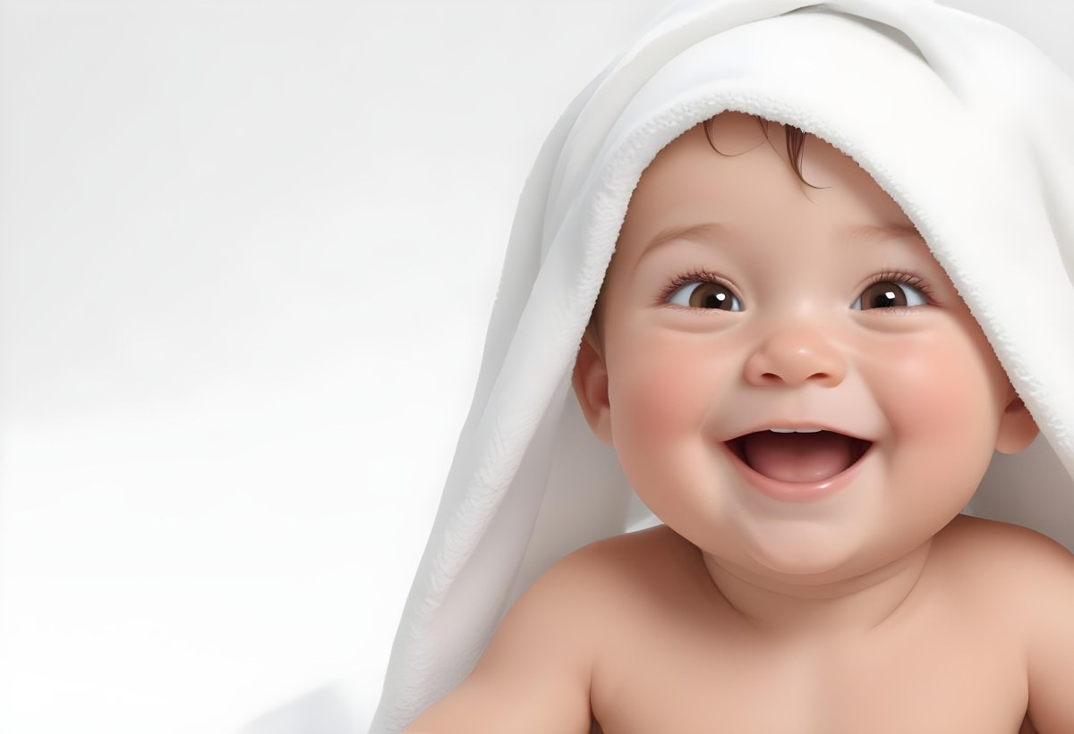Adorable Cartoon Style Baby With Light Skin And Brown Hair Smiling Widely While Wrapped In A White Towel The Background Is Plain And Light Colored 3d Render Cartoon 82 6595