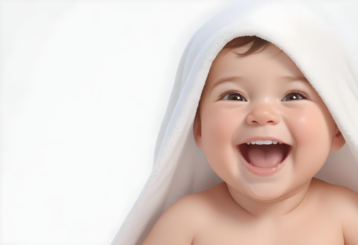 Adorable Cartoon Style Baby With Light Skin And Brown Hair Smiling Widely While Wrapped In A White Towel The Background Is Plain And Light Colored 3d Render Cartoon 84 E7bf