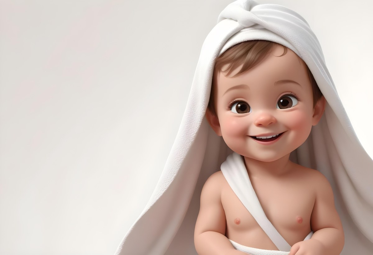 Adorable Cartoon Style Baby With Light Skin And Brown Hair Smiling Widely While Wrapped In A White Towel The Background Is Plain And Light Colored 3d Render Cartoon 85 40f6