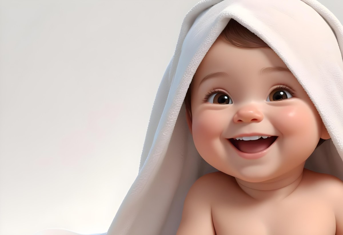 Adorable Cartoon Style Baby With Light Skin And Brown Hair Smiling Widely While Wrapped In A White Towel The Background Is Plain And Light Colored 3d Render Cartoon 86 8ea2