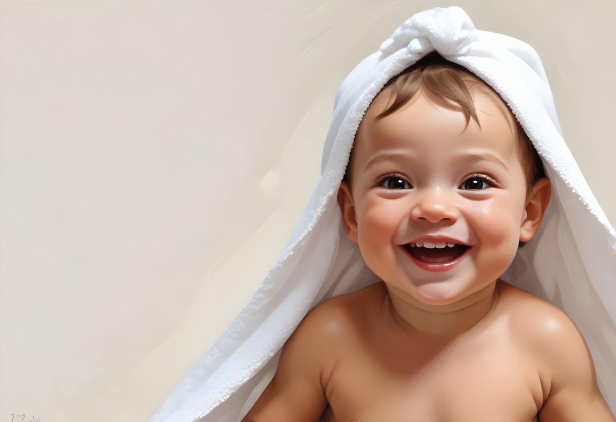 Adorable Cartoon Style Baby With Light Skin And Brown Hair Smiling Widely While Wrapped In A White Towel The Background Is Plain And Light Colored 3d Render Cartoon 87 Ec75
