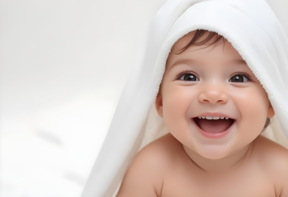 Adorable Cartoon Style Baby With Light Skin And Brown Hair Smiling Widely While Wrapped In A White Towel The Background Is Plain And Light Colored 3d Render Cartoon 9 499e