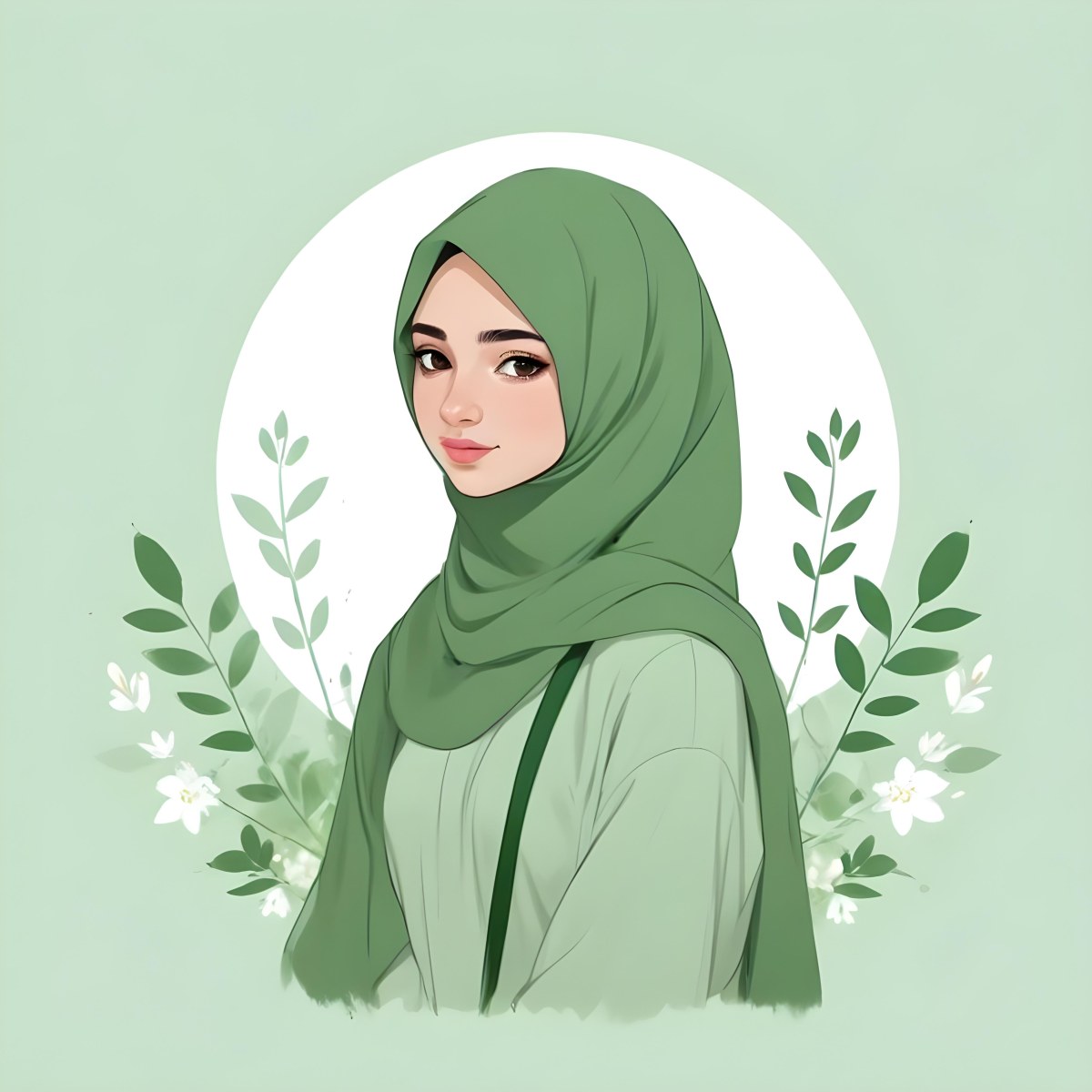 An Arab Girl 18 Years Old Light Skin With A White Hijab And A White Shirt White Circle In The Background With Green Leaves And Flowers 11 A34e
