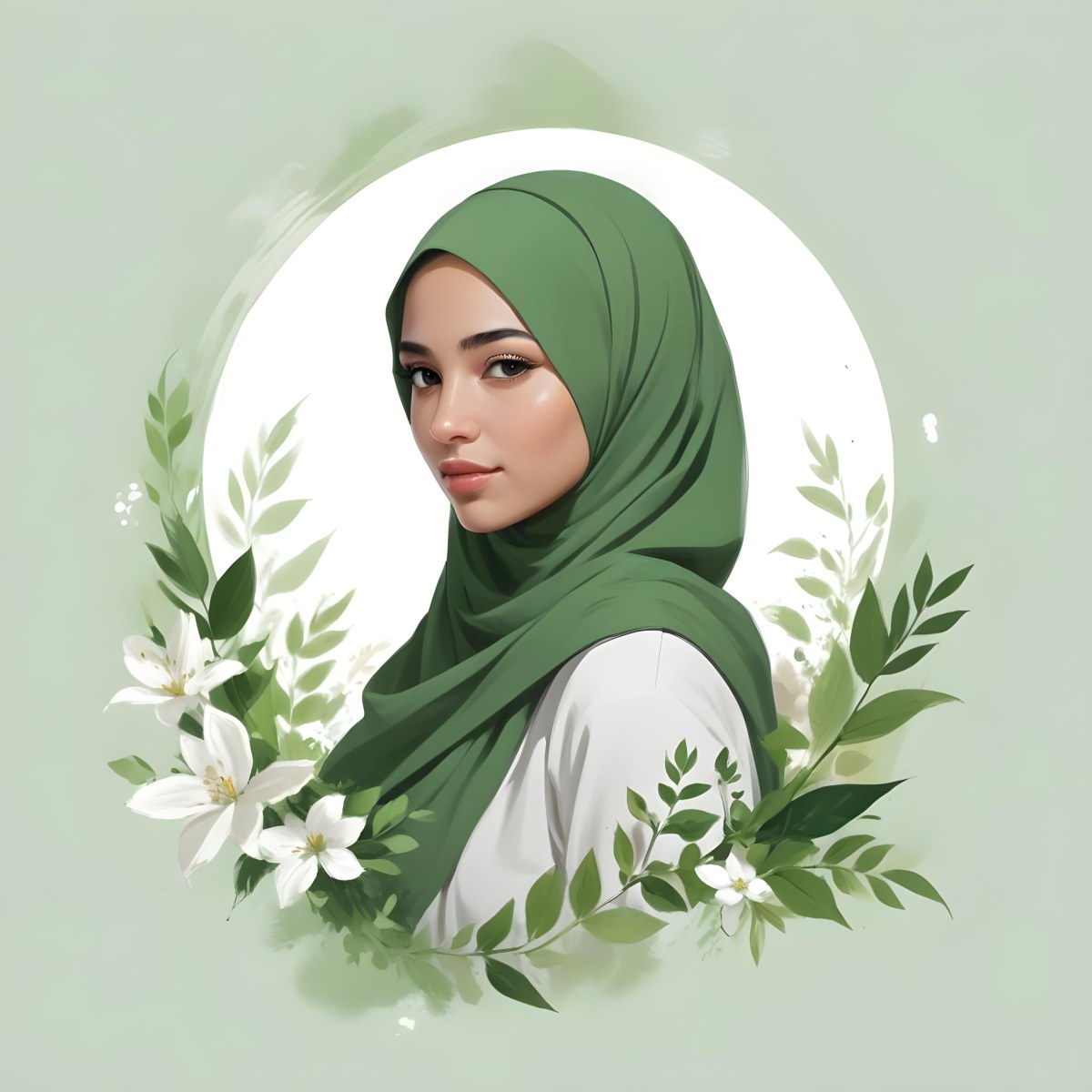 An Arab Girl 18 Years Old Light Skin With A White Hijab And A White Shirt White Circle In The Background With Green Leaves And Flowers 12 68f9