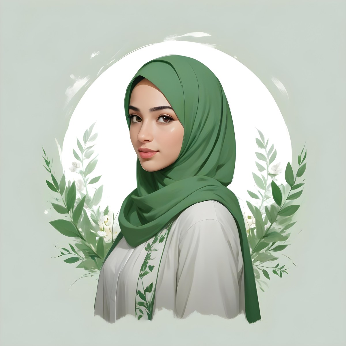 An Arab Girl 18 Years Old Light Skin With A White Hijab And A White Shirt White Circle In The Background With Green Leaves And Flowers 14 E5b3