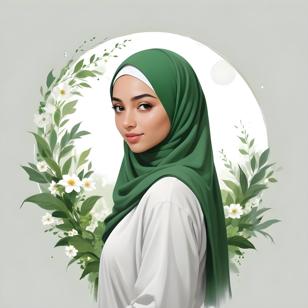 An Arab Girl 18 Years Old Light Skin With A White Hijab And A White Shirt White Circle In The Background With Green Leaves And Flowers 2 8006
