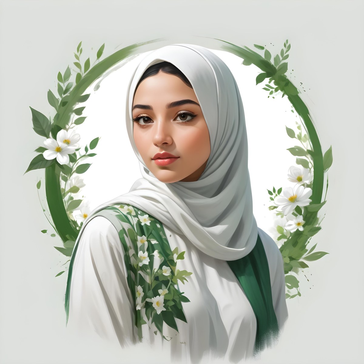 An Arab Girl 18 Years Old Light Skin With A White Hijab And A White Shirt White Circle In The Background With Green Leaves And Flowers 28 082c
