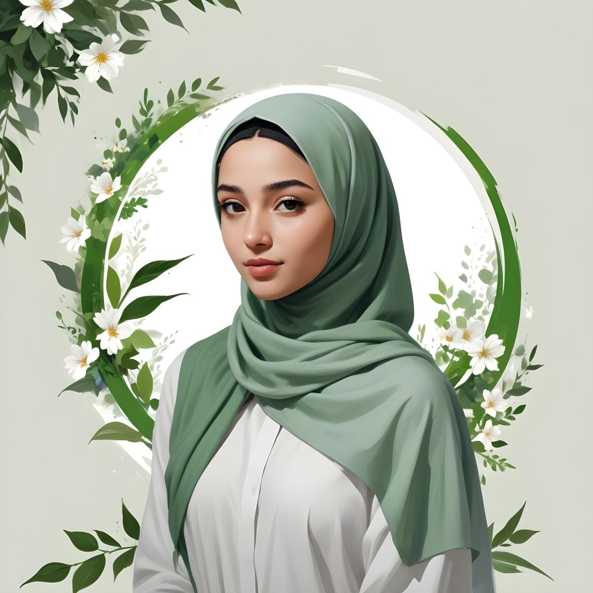 An Arab Girl 18 Years Old Light Skin With A White Hijab And A White Shirt White Circle In The Background With Green Leaves And Flowers 29 1dcb