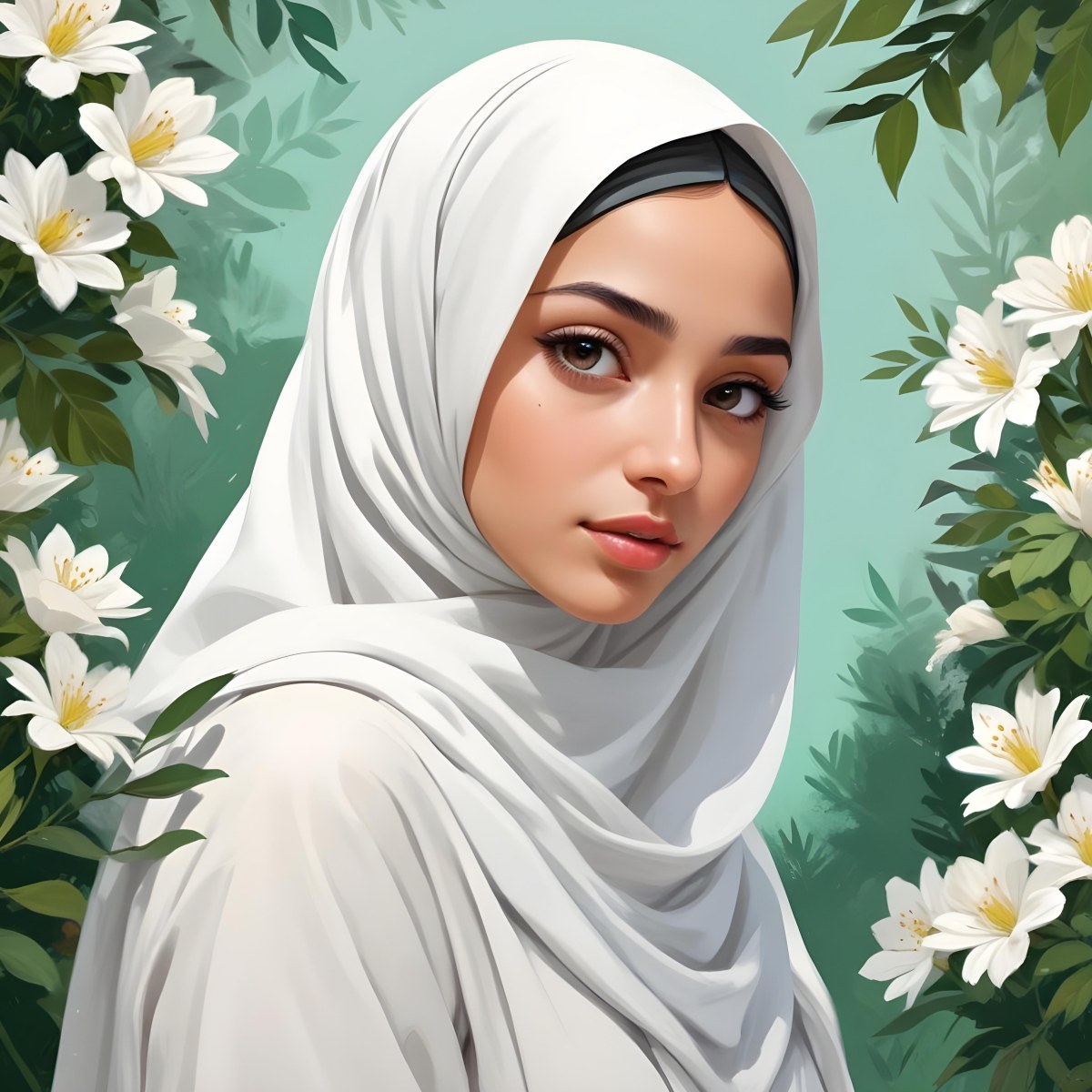 An Arab Girl 18 Years Old Light Skin With A White Hijab And A White Shirt White Circle In The Background With Green Leaves And Flowers 3 5dc1