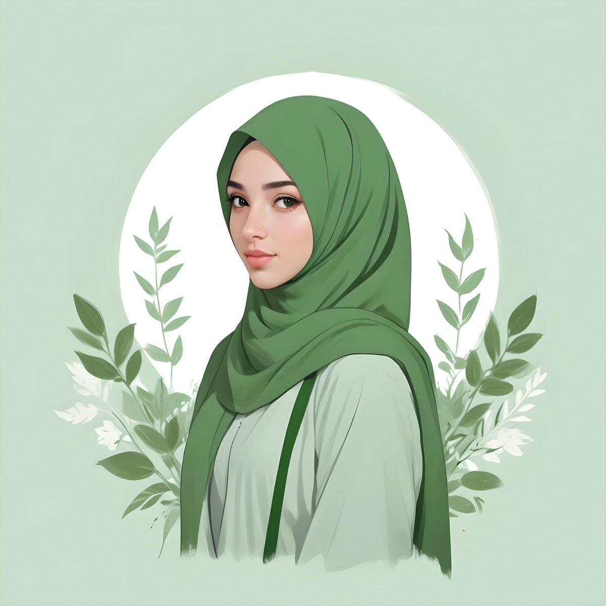 An Arab Girl 18 Years Old Light Skin With A White Hijab And A White Shirt White Circle In The Background With Green Leaves And Flowers 30 2338