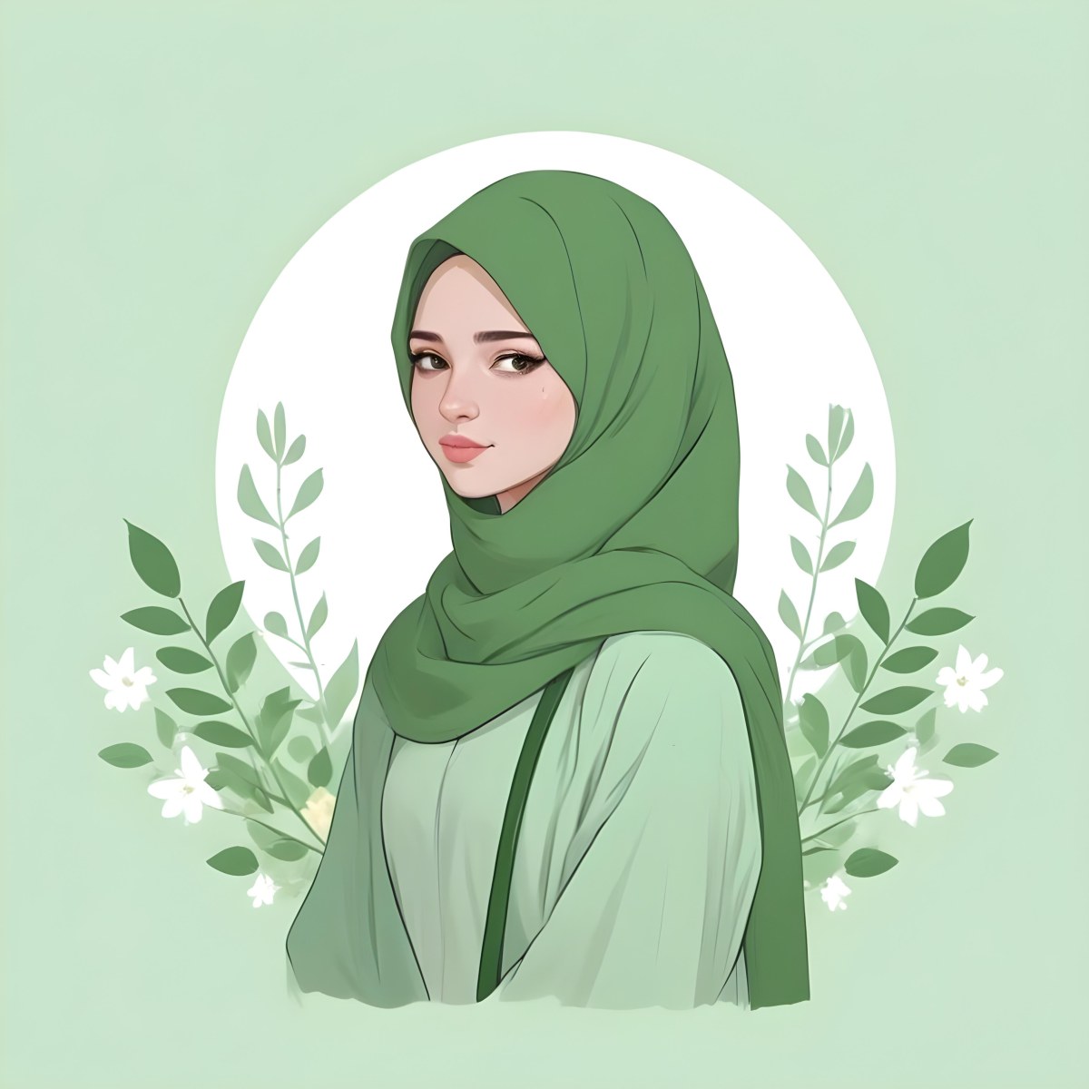 An Arab Girl 18 Years Old Light Skin With A White Hijab And A White Shirt White Circle In The Background With Green Leaves And Flowers 31 36ec