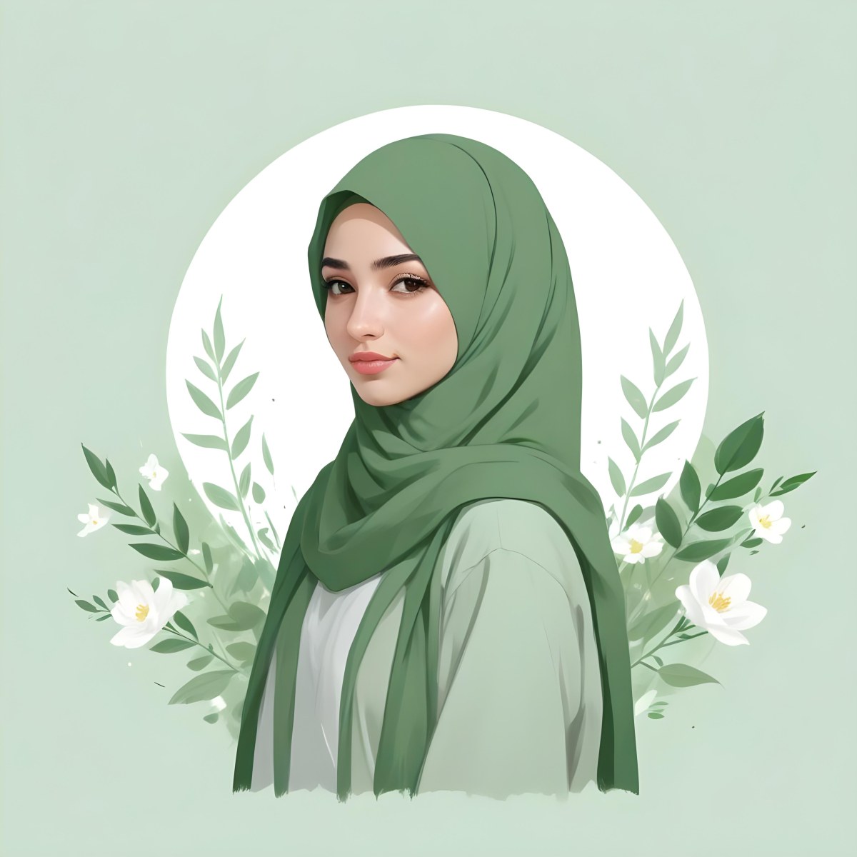 An Arab Girl 18 Years Old Light Skin With A White Hijab And A White Shirt White Circle In The Background With Green Leaves And Flowers 33 A4e6