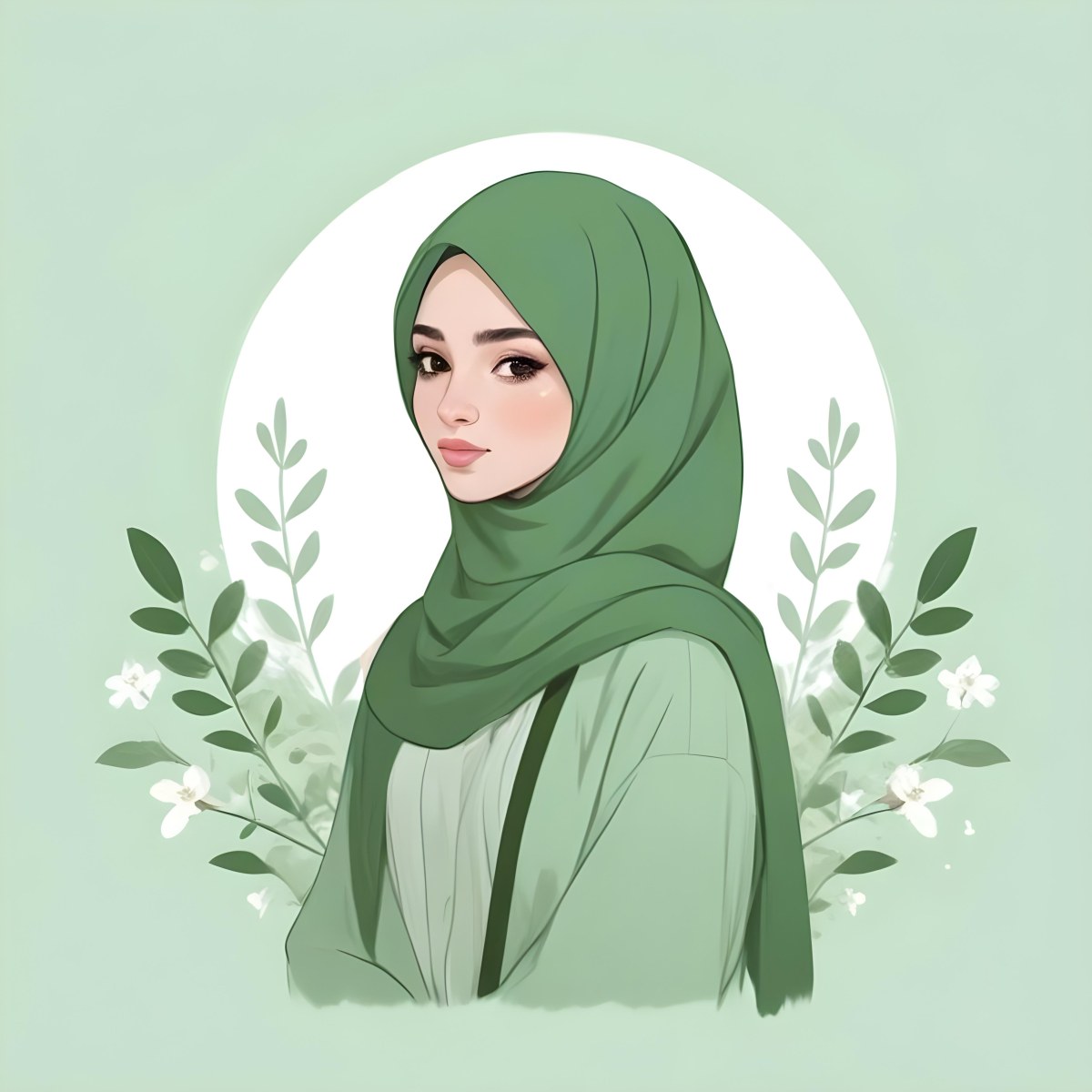 An Arab Girl 18 Years Old Light Skin With A White Hijab And A White Shirt White Circle In The Background With Green Leaves And Flowers 5 07b2