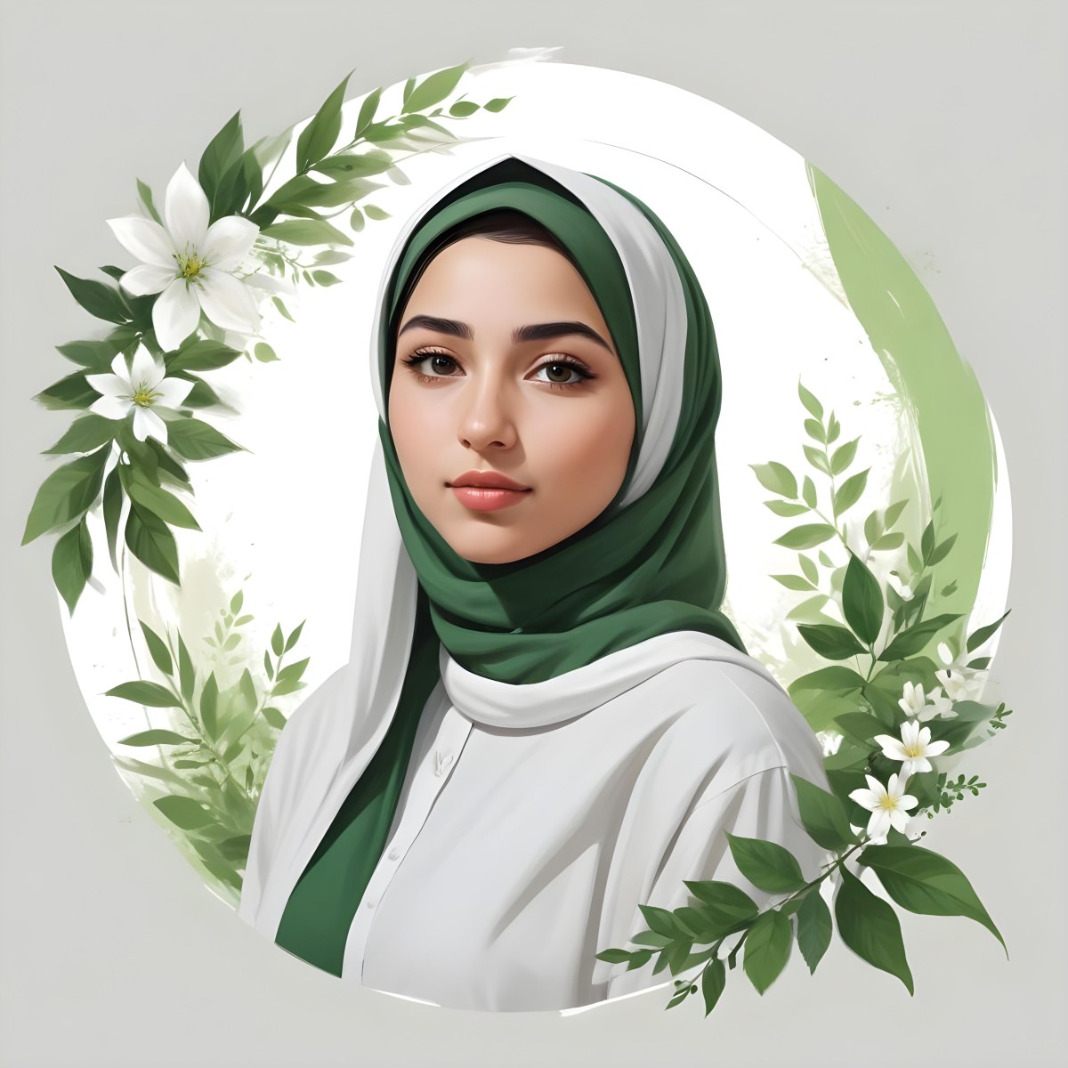 An Arab Girl 18 Years Old Light Skin With A White Hijab And A White Shirt White Circle In The Background With Green Leaves And Flowers 6 A99e