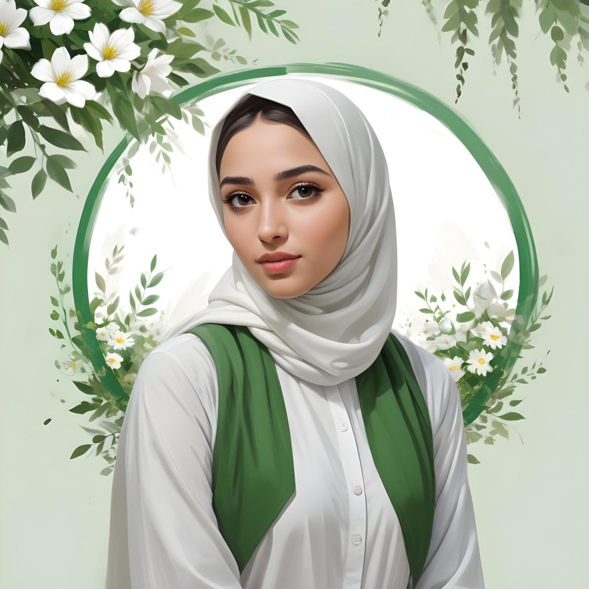 An Arab Girl 18 Years Old Light Skin With A White Hijab And A White Shirt White Circle In The Background With Green Leaves And Flowers 8 B676