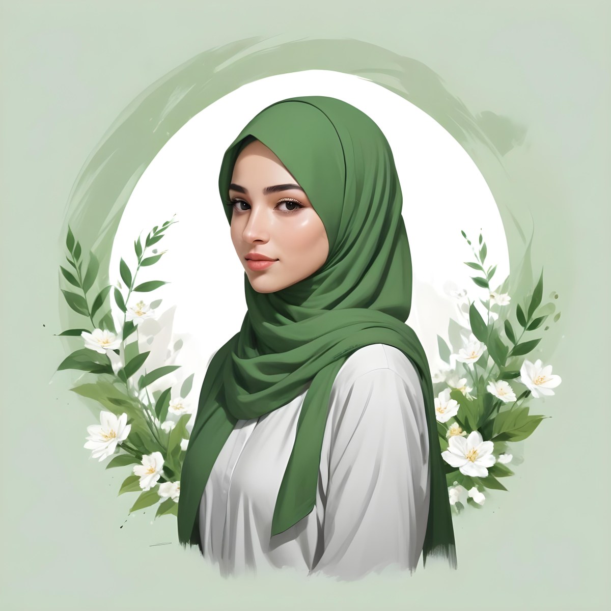 An Arab Girl 18 Years Old Light Skin With A White Hijab And A White Shirt White Circle In The Background With Green Leaves And Flowers 9 00a5