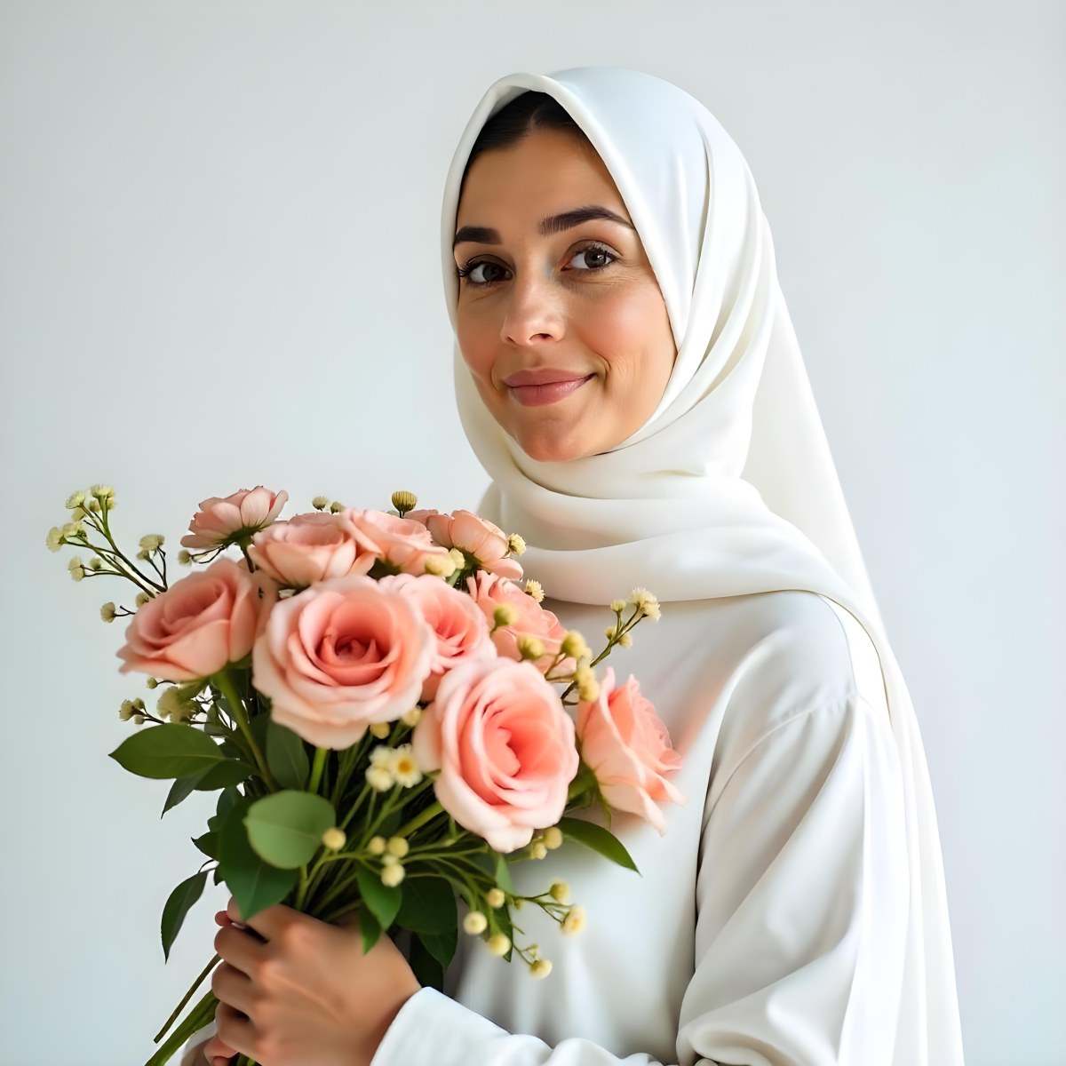 An Arab Woman 22 Years Old With A White Hijab Holding A Bouquet Of Flowers In A White Background 14 185e