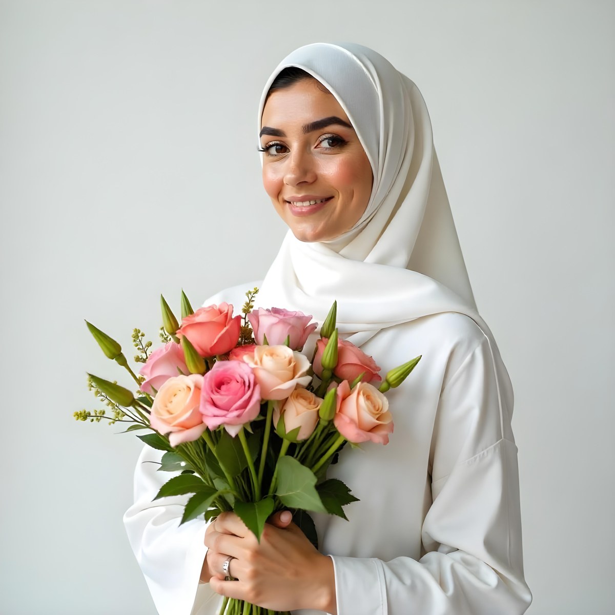 An Arab Woman 22 Years Old With A White Hijab Holding A Bouquet Of Flowers In A White Background 2 A064