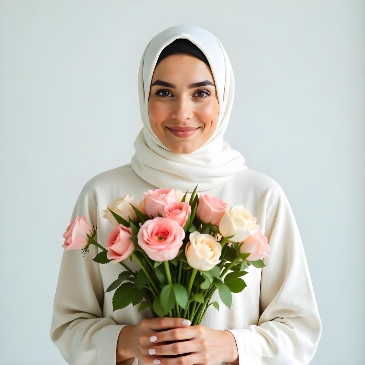 An Arab Woman 22 Years Old With A White Hijab Holding A Bouquet Of Flowers In A White Background 62 288a