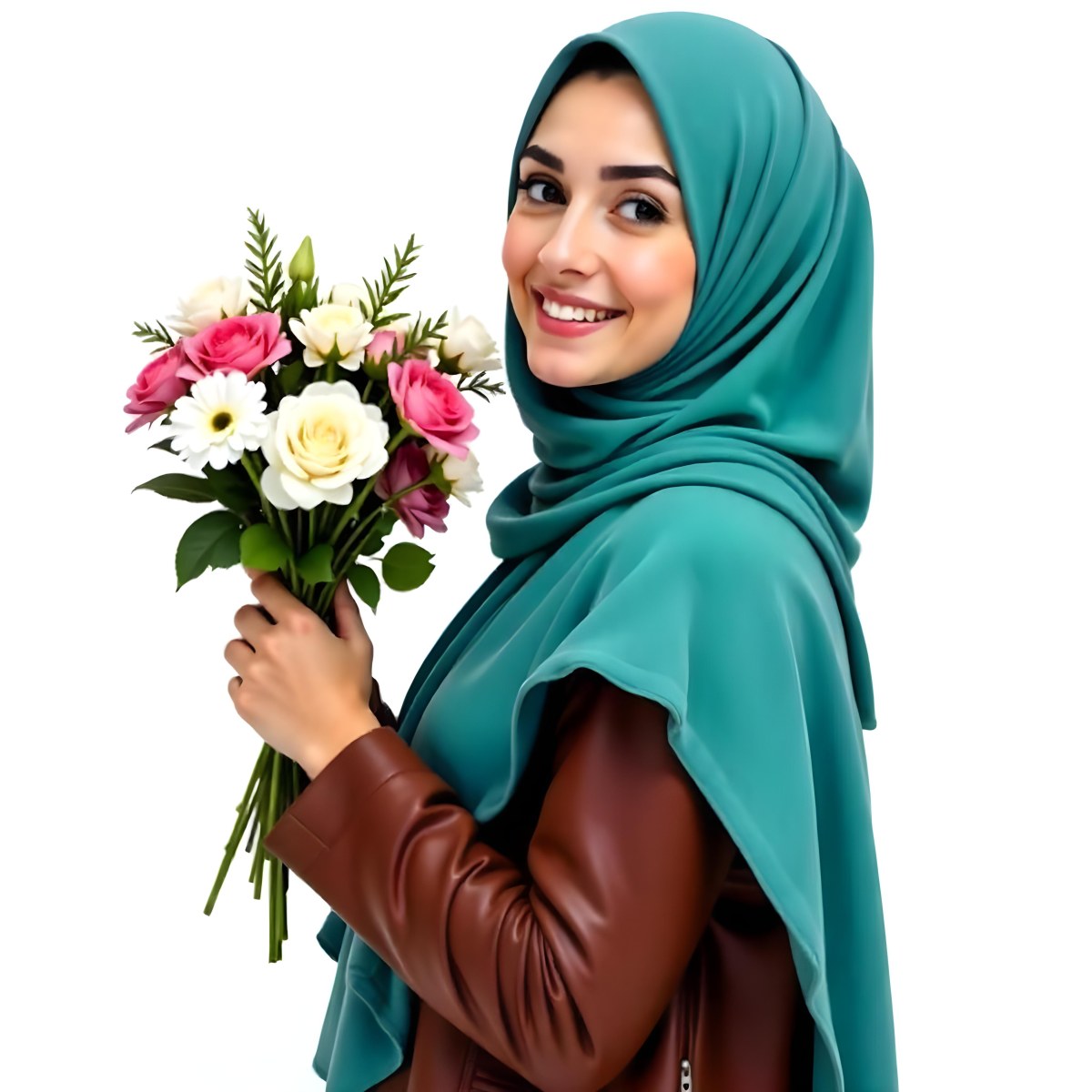 An Arab Woman 22 Years Old With A White Hijab Holding A Bouquet Of Flowers In A White Background 75 466c
