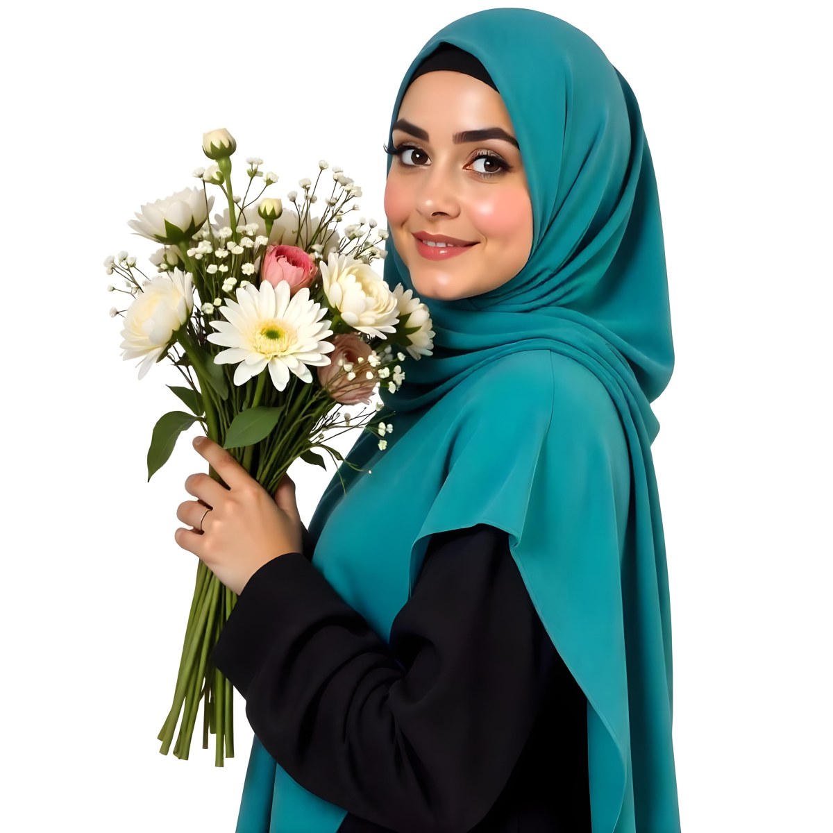 An Arab Woman 22 Years Old With A White Hijab Holding A Bouquet Of Flowers In A White Background 79 D781