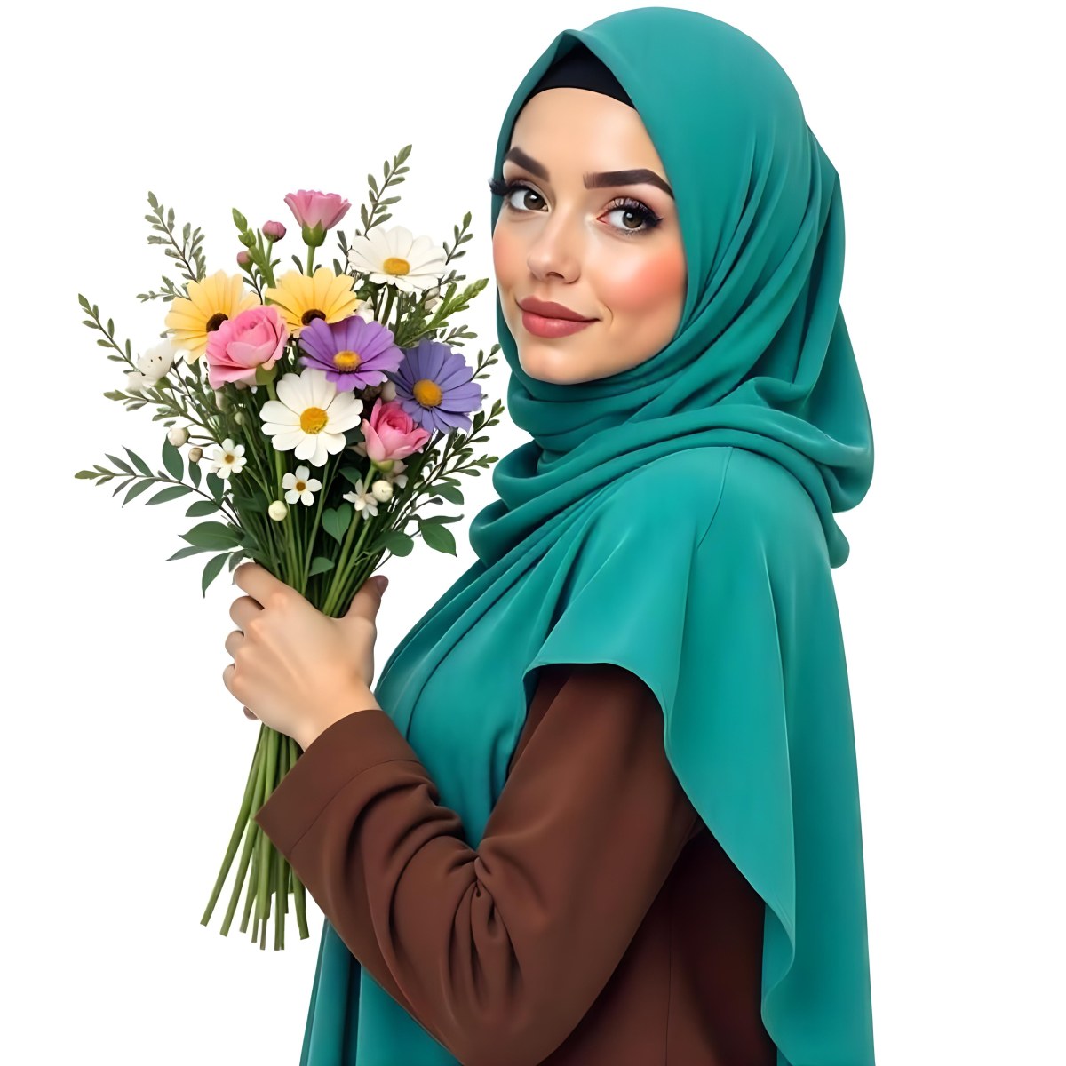 An Arab Woman 22 Years Old With A White Hijab Holding A Bouquet Of Flowers In A White Background 84 64bd
