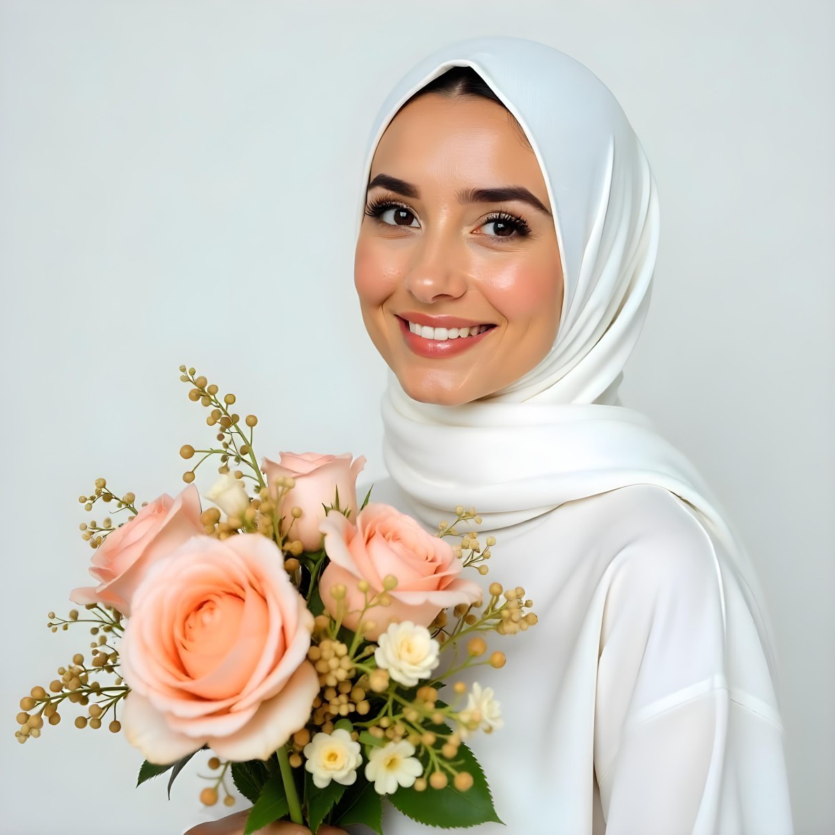 An Arab Woman 22 Years Old With A White Hijab Holding A Bouquet Of Flowers In A White Background 89 2b19