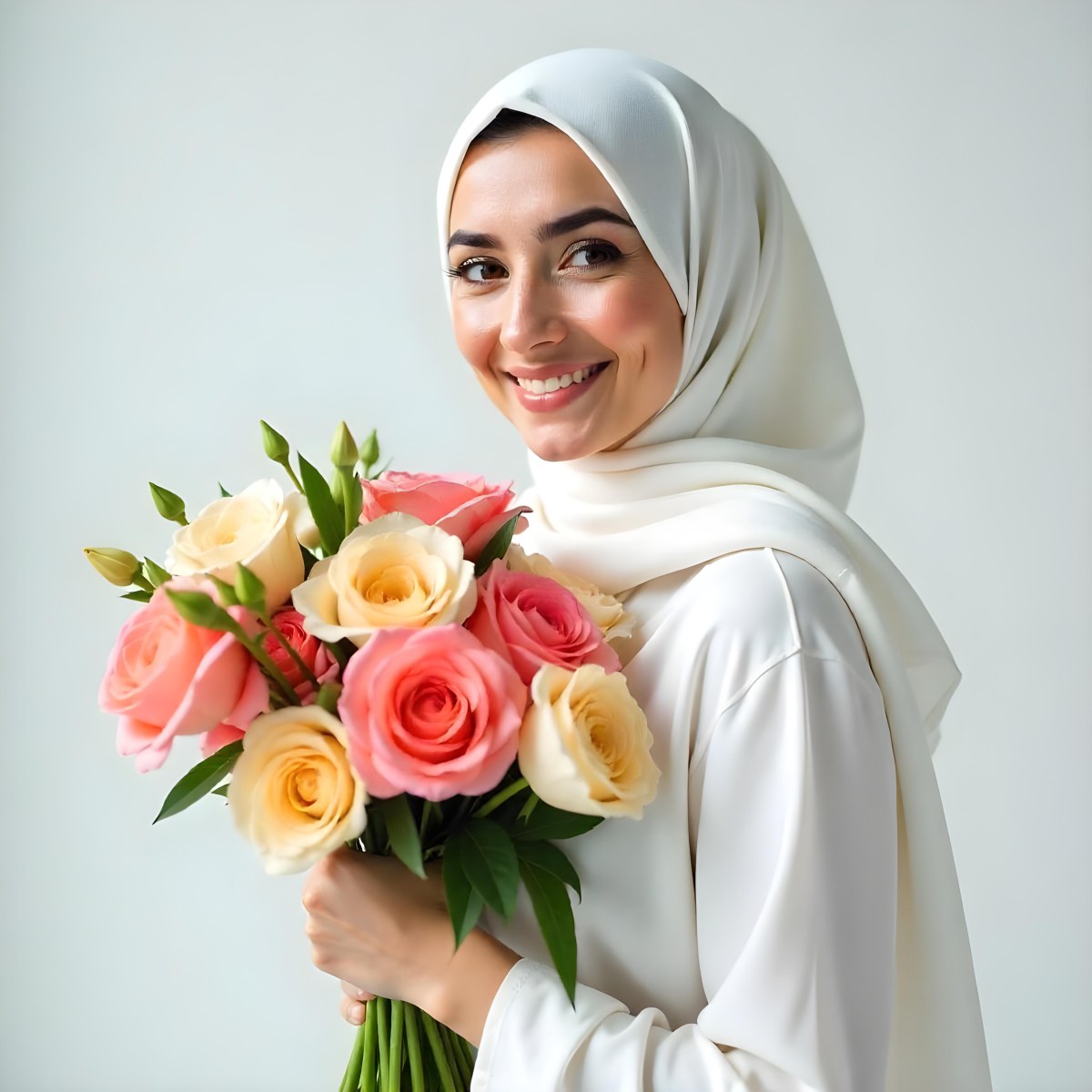 An Arab Woman 22 Years Old With A White Hijab Holding A Bouquet Of Flowers In A White Background 9 1ab0