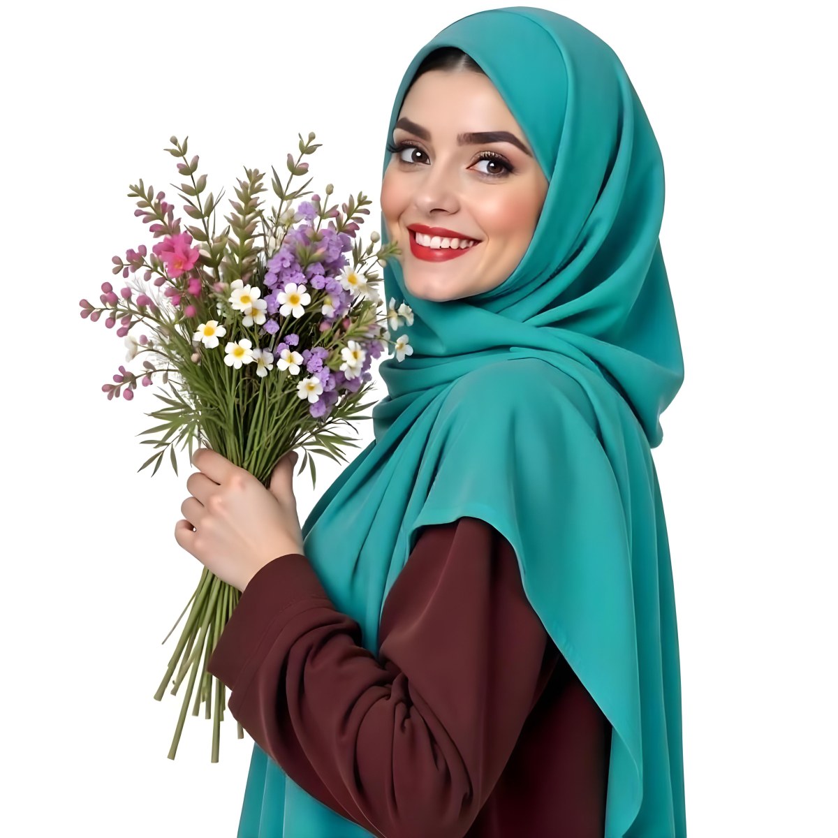 An Arab Woman 22 Years Old With A White Hijab Holding A Bouquet Of Flowers In A White Background 90 B293